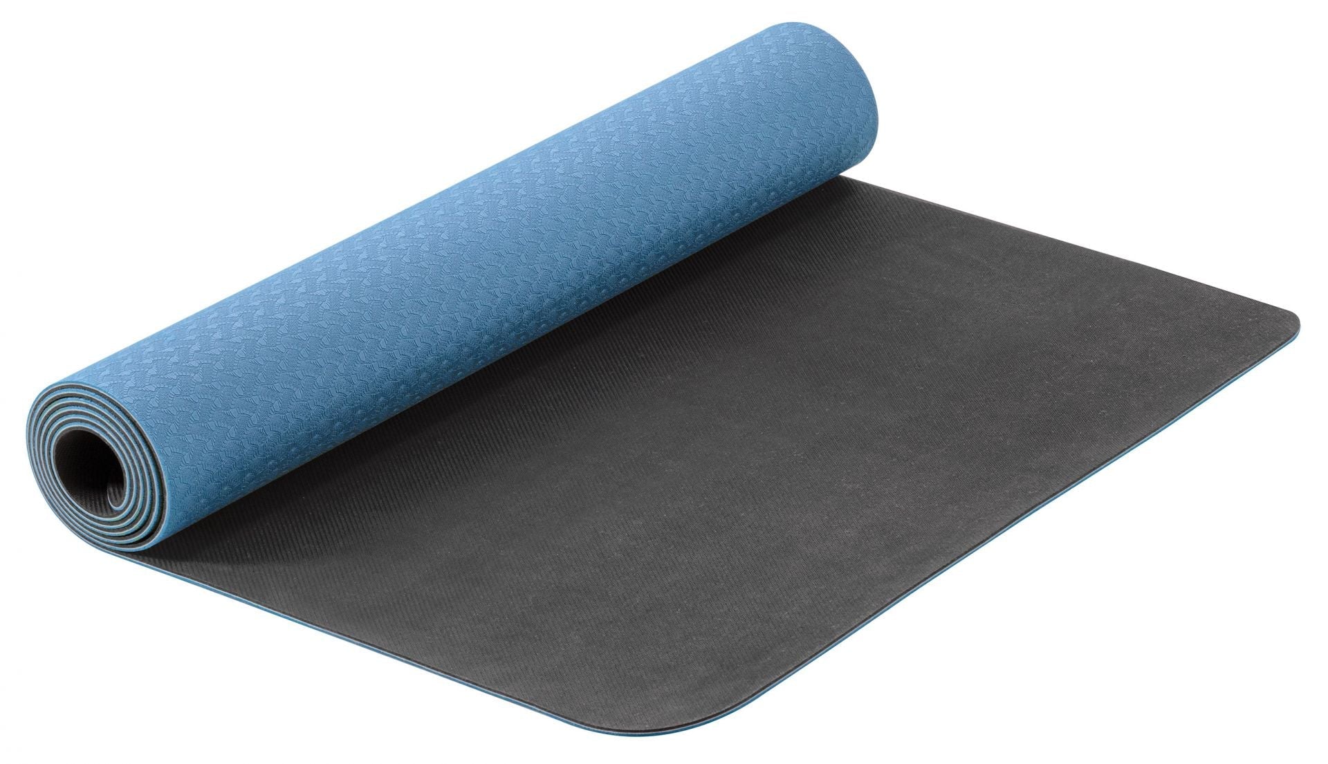 Tapis de yoga Airex Eco Pro bleu, partiellement enroulé, tapis de gymnastique antidérapant pour l'entraînement au sol et la rééducation