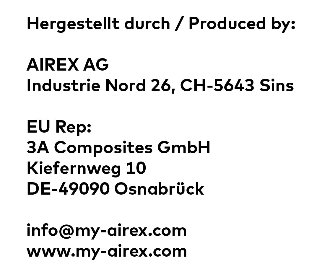 Tapis de yoga Airex ECO Cork, informations du fabricant figurant sur l'étiquette du produit, fabriqué par AIREX AG, Sins, Suisse